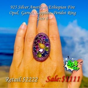 925 Sterling Silver Ring w/Fire Opal/Amethyst/Garnet/Sapphire & Peridot! Size 8